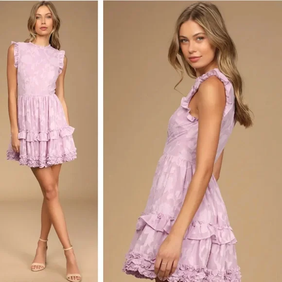 Lulus True As Can Be Lavender Burnout Floral Ruffled Mini Dress - Picture 3 of 16